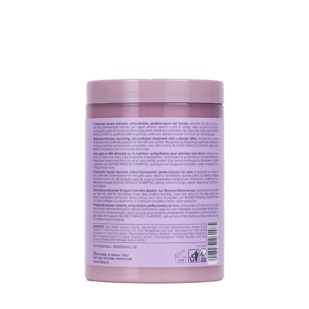 Blonde Miracle hair treatment jar with multilingual label, enriched with coconut oil and aloe vera for nourishing, anti-pollution care