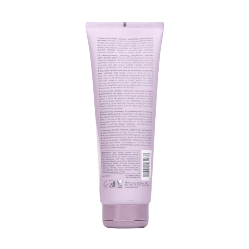 Blonde Miracle hair treatment tube with multilingual instructions, coconut oil & aloe vera formula for nourishing blonde hair