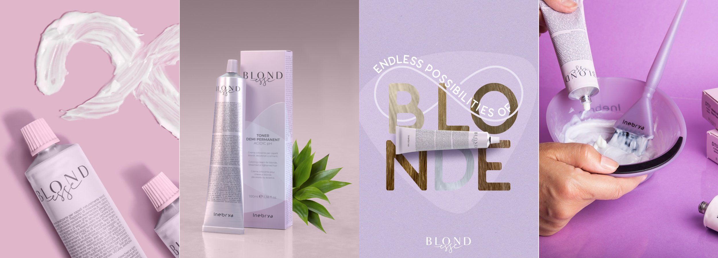 Blonde hair dye cream, toner, and mixing bowl for salon or home use, featuring soft purple tones and application tools