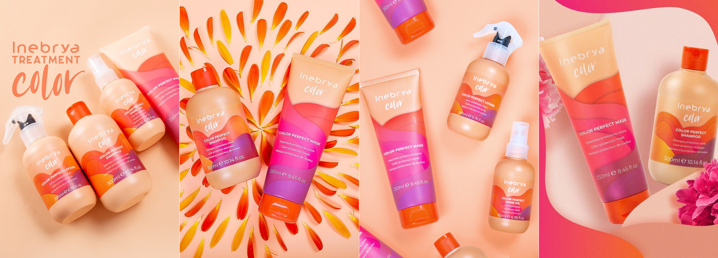 Inebrya Color Perfect hair care line with shampoo, mask, oil, and spray on floral pastel background