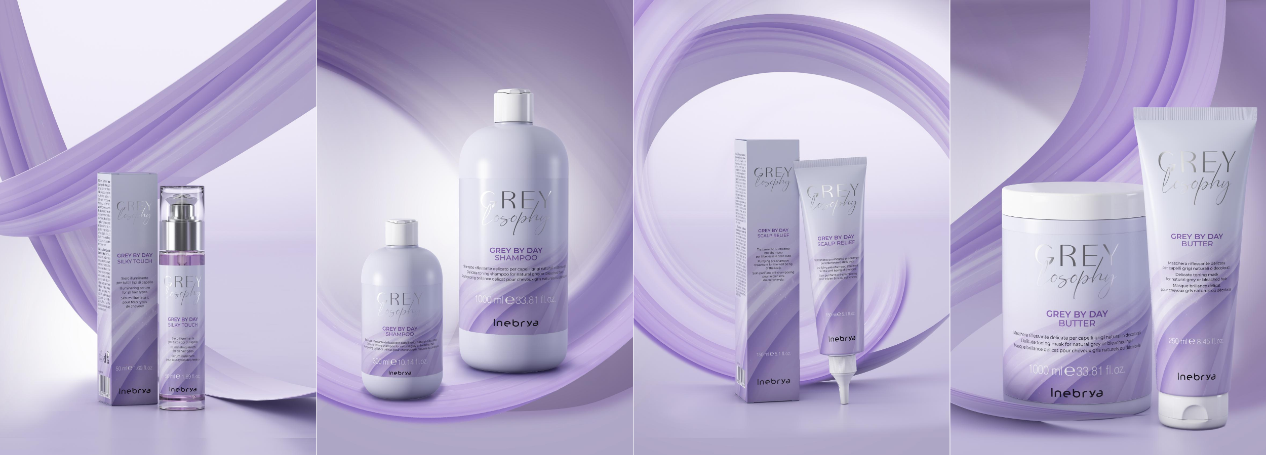 Grey by Day hair care collection with shampoo, serum, scalp relief, and butter in purple packaging