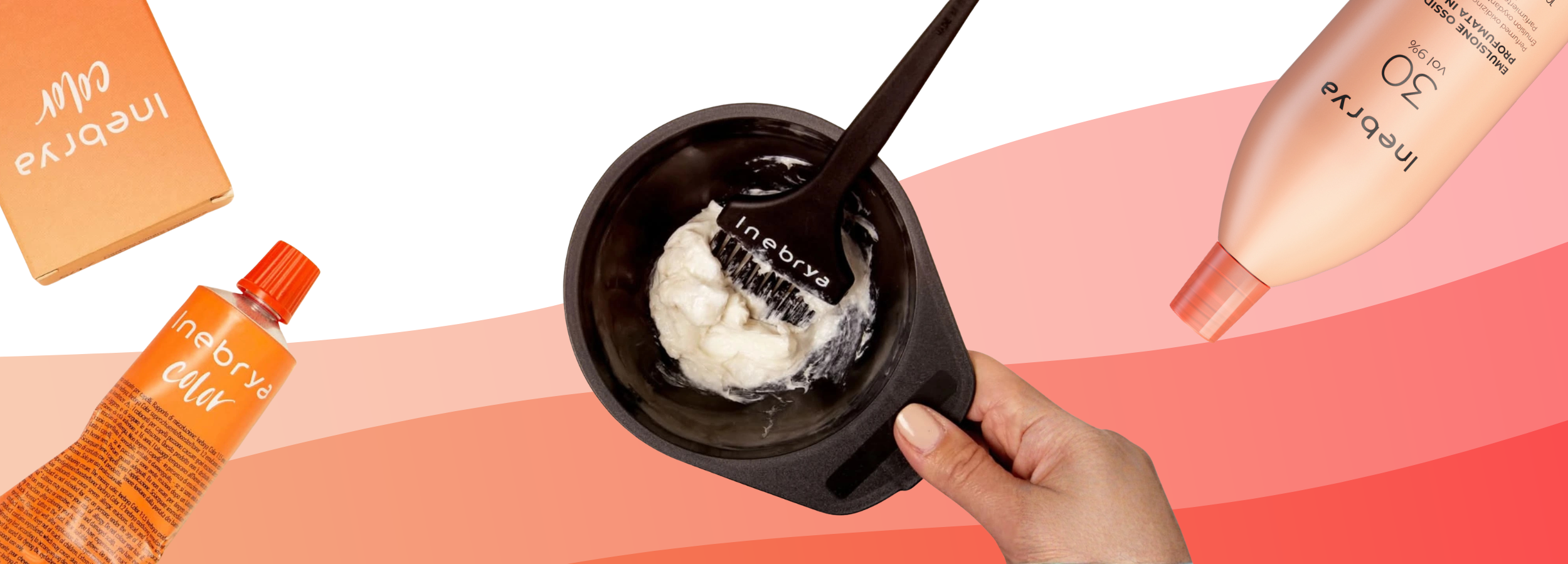 Inebrya hair color mixing bowl with brush, cream dye, and developer bottles for salon-style coloring