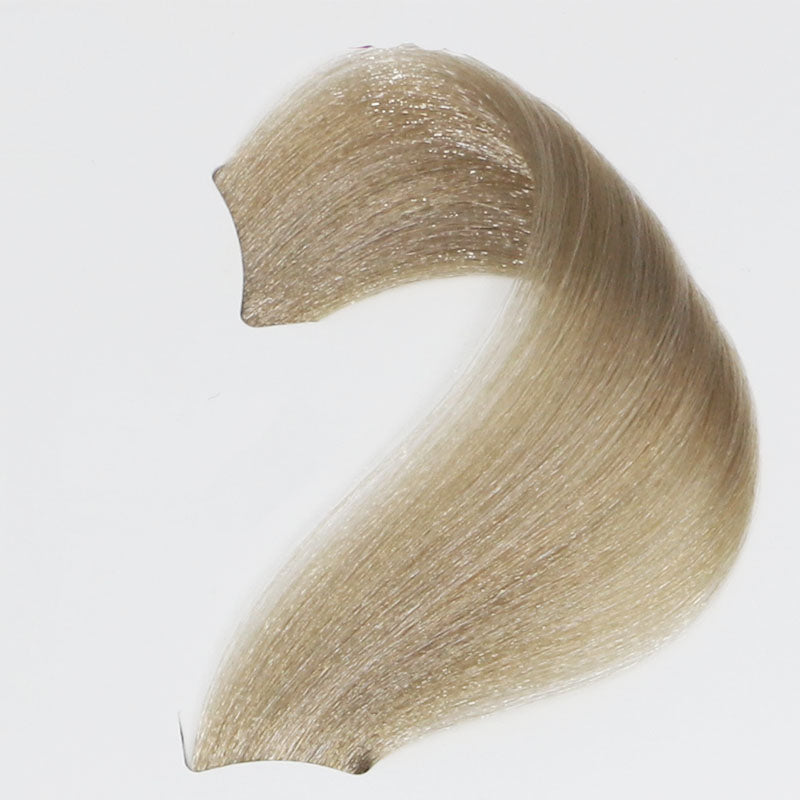 Smooth ash blonde hair swatch with subtle shimmer, ideal for salon color treatments and beauty styling.