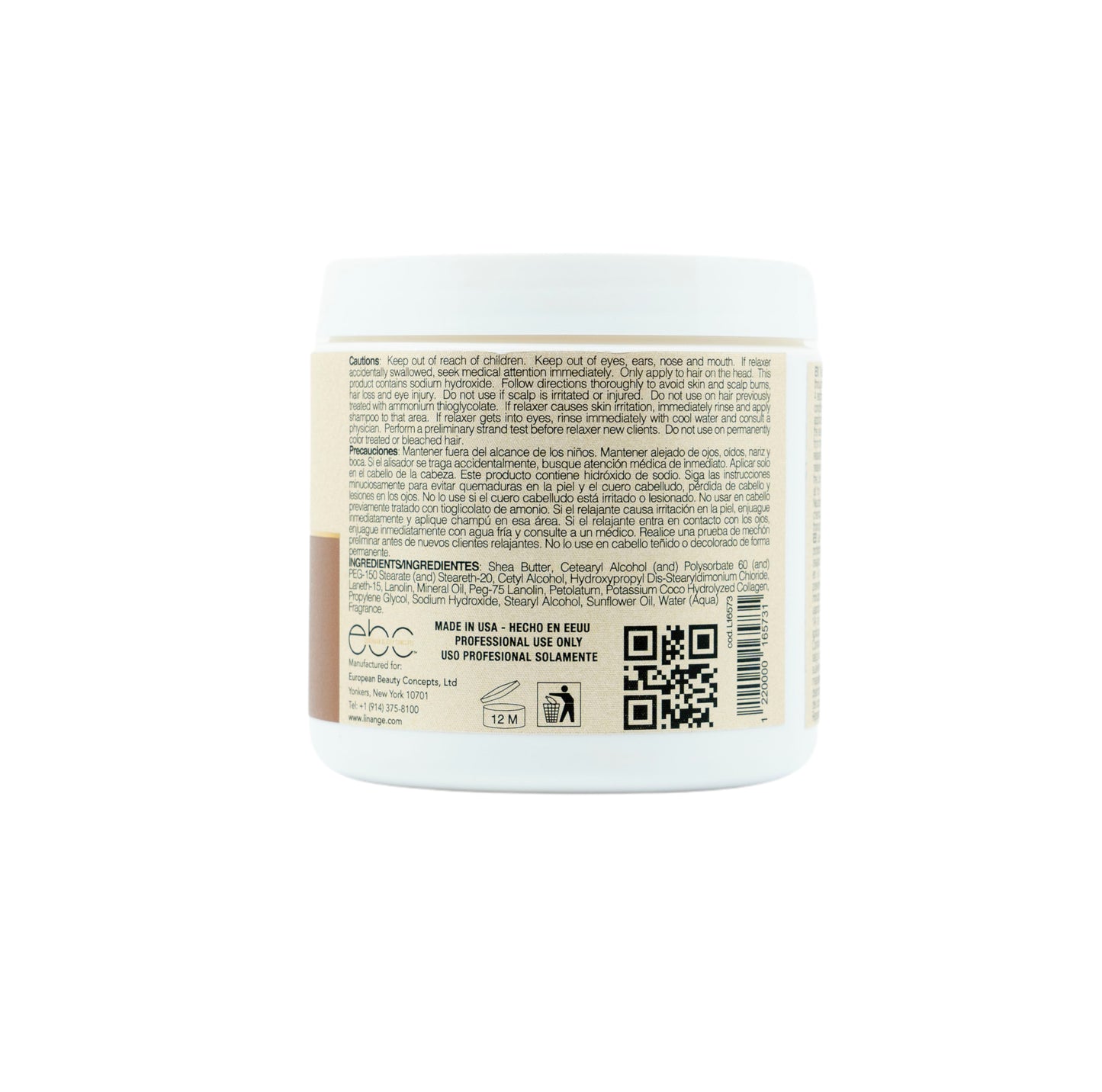 Back label of professional hair relaxer jar with ingredients and safety instructions, made in USA