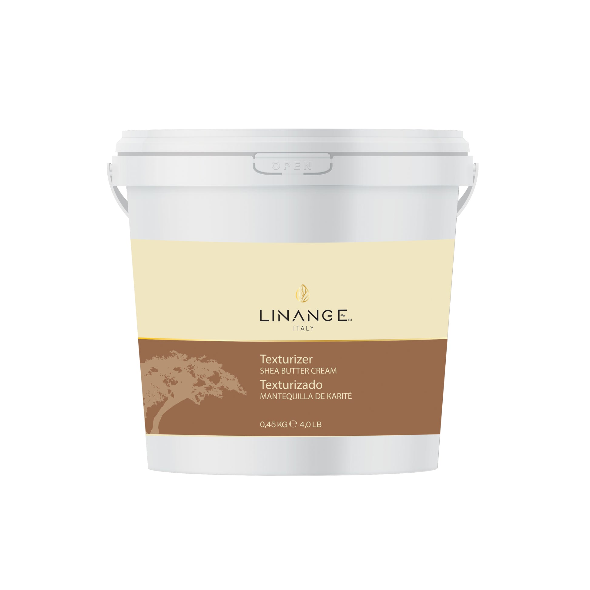 Linange Italy Texturizer Shea Butter Cream in white tub, 0.45kg, for hair care and styling