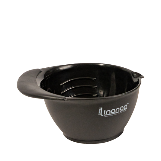 Black Linange hair dye mixing bowl with ergonomic handle for salon use
