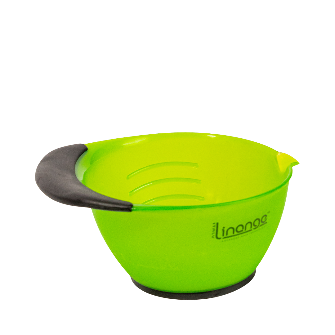 Bright green Linange hair dye mixing bowl with black handle and spout for salon use