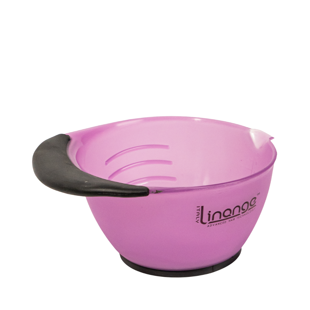 Pink Linange hair dye mixing bowl with black handle and non-slip base for salon use