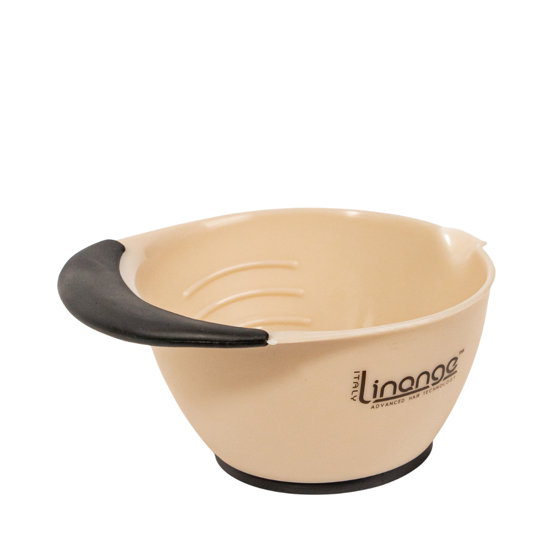 Beige hair dye mixing bowl with black handle, Linange Italy advanced hair technology