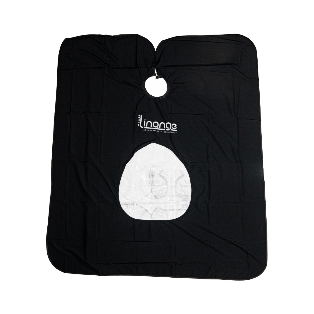 Black Linange hair treatment cape with clear window, advanced hair technology