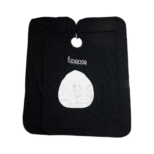 Black Linange hair treatment cape with clear window, advanced hair technology