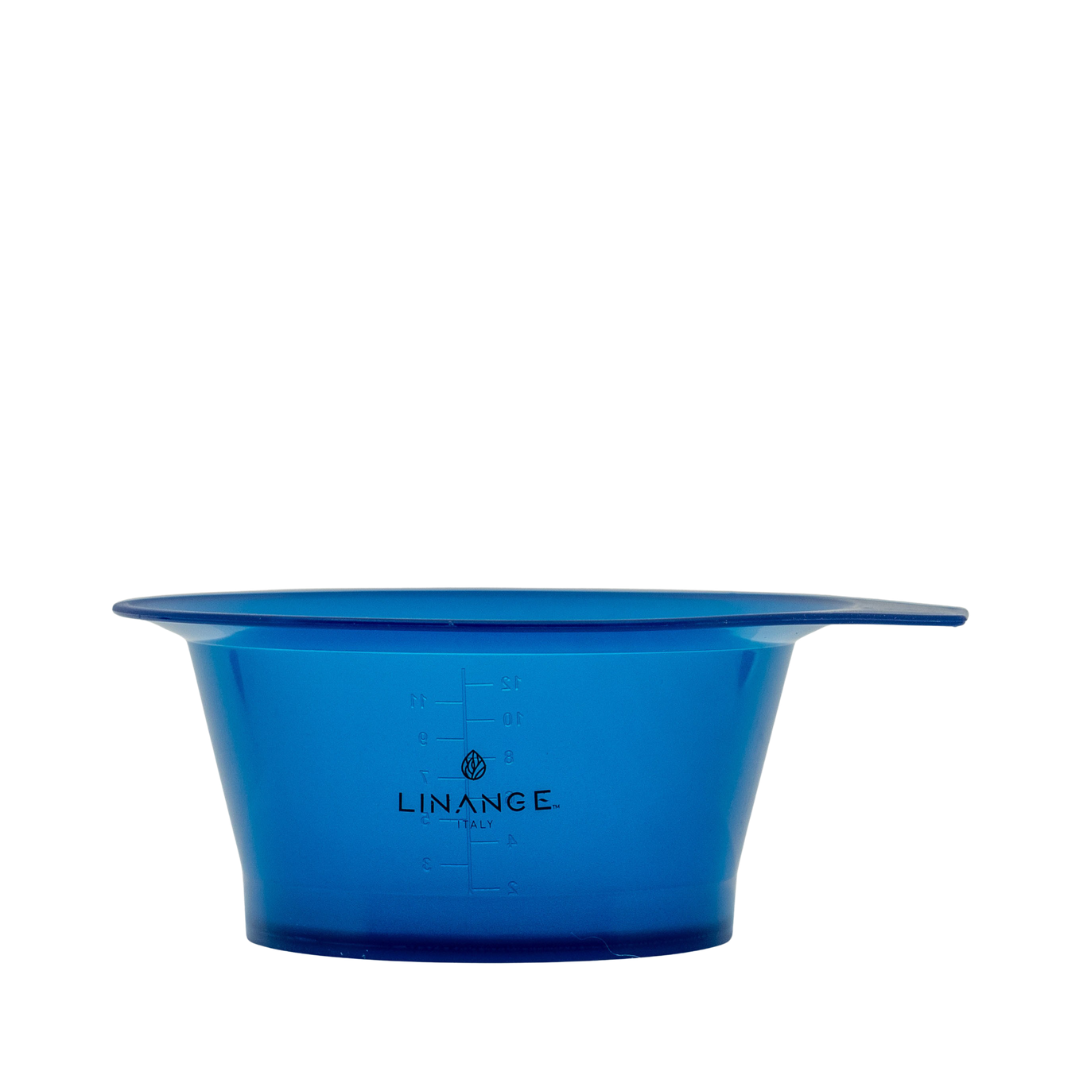 Blue LINANCE Italy mixing bowl with measurement markings for salon hair coloring and beauty treatments