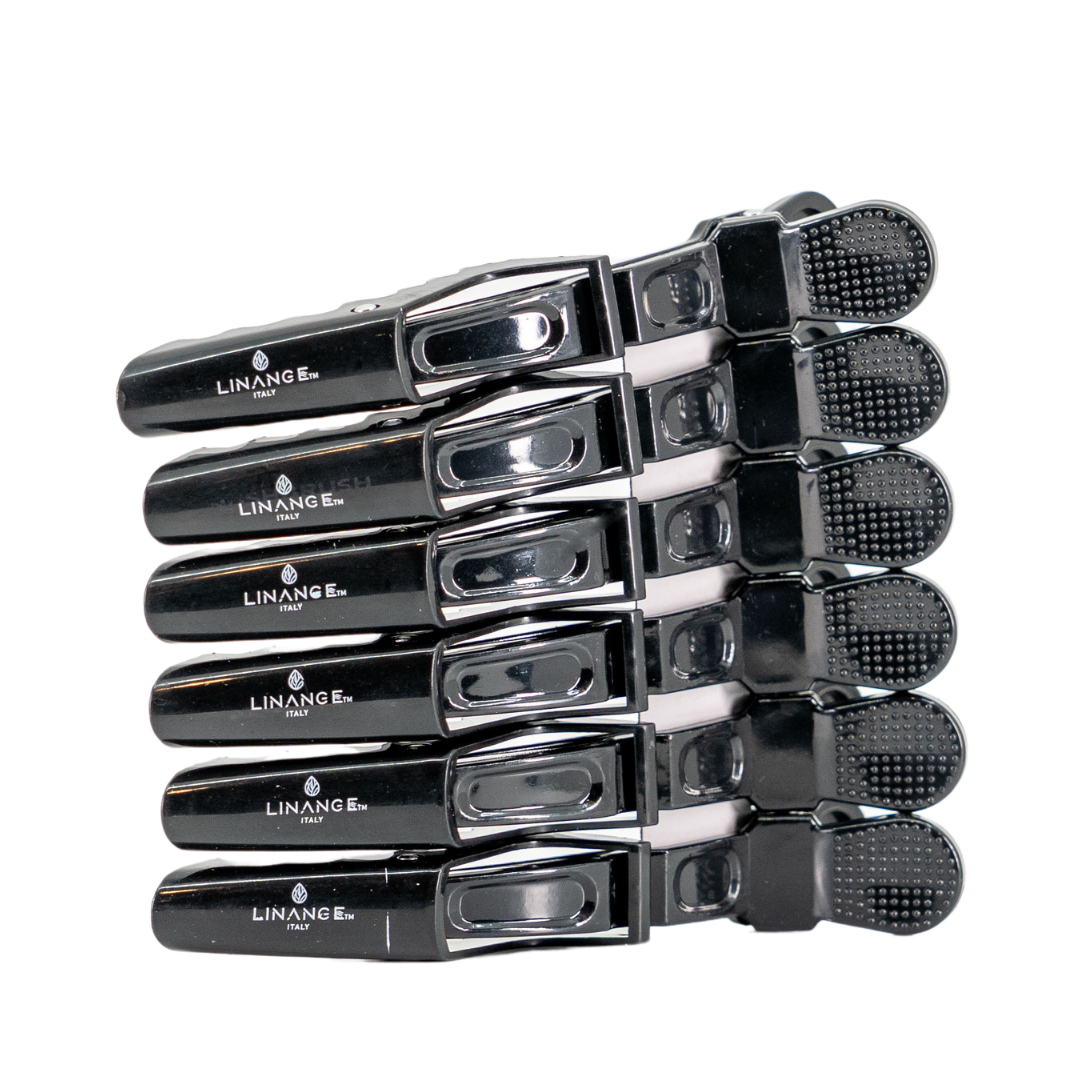 Six black Linange Italy hair clips with textured grip, sleek design for salon styling