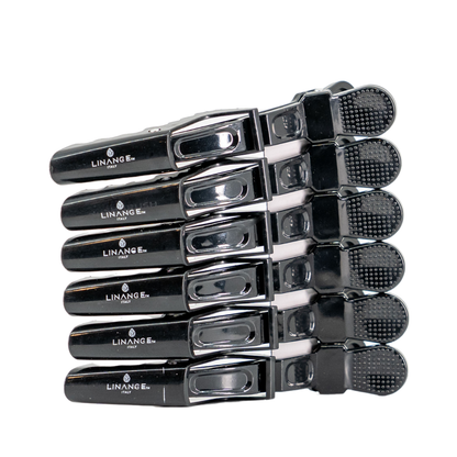 Six black Linange Italy hair clips with textured grip, sleek design for salon styling