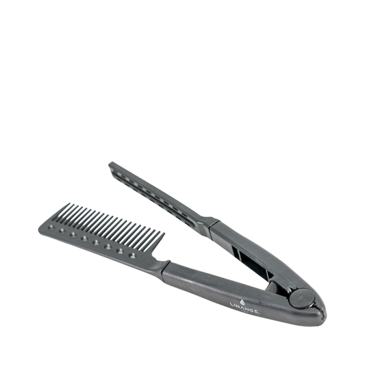 Black folding hair comb with fine teeth and Linange Paris branding, ideal for travel and styling