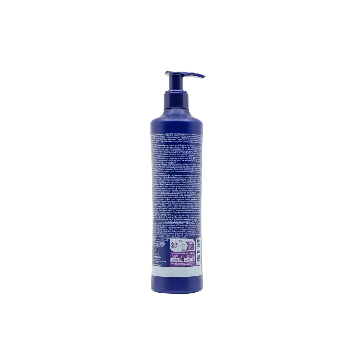 Purple pump bottle with multilingual hair care instructions, ideal for blonde or bleached hair