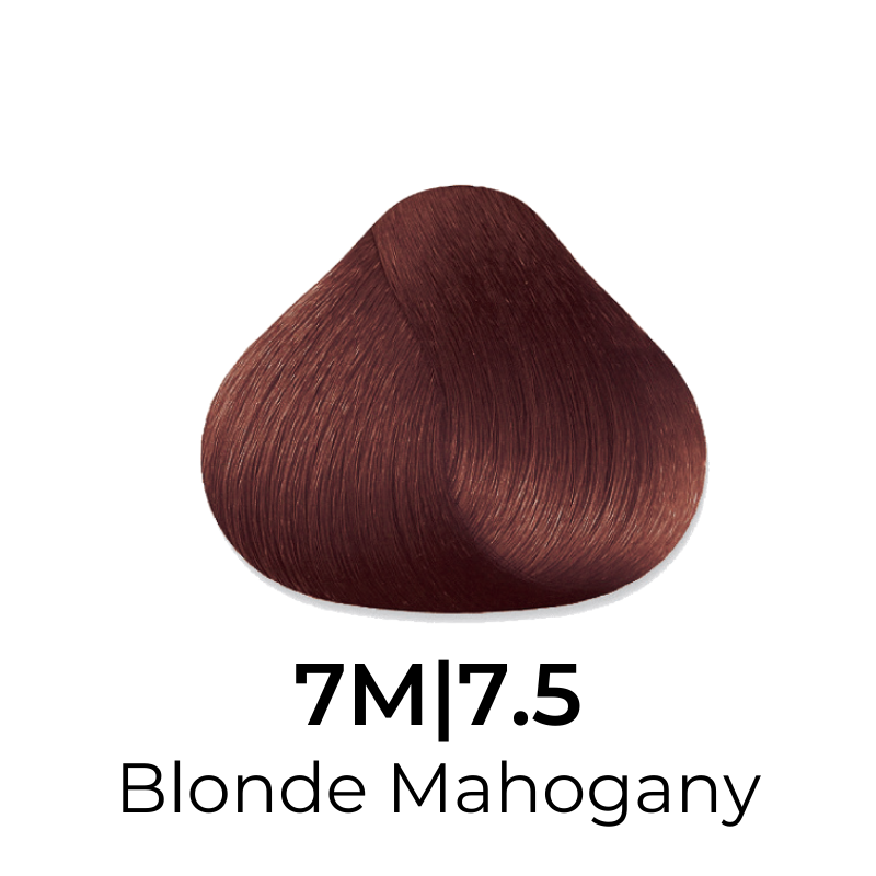 Blonde Mahogany hair color swatch 7M|7.5, rich warm tone for salon or home use