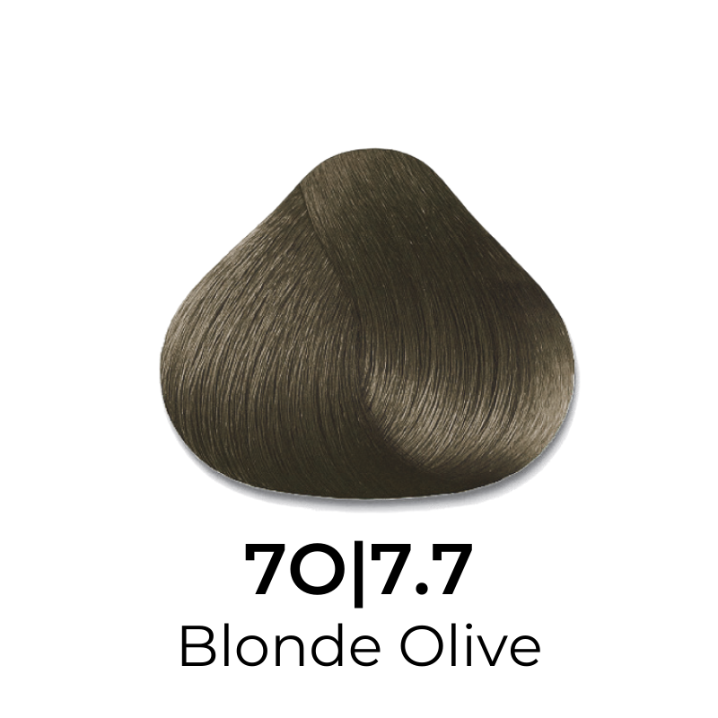 Blonde Olive 7.7 hair color swatch, rich olive-toned blonde shade for professional hair coloring