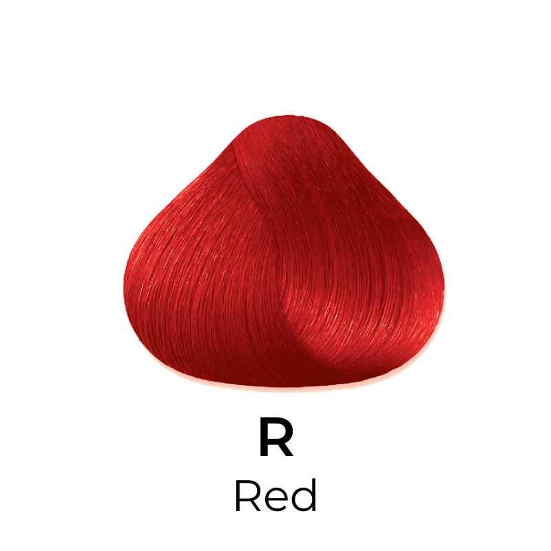 Vibrant red hair color swatch labeled R Red, showcasing bold hue for beauty styling