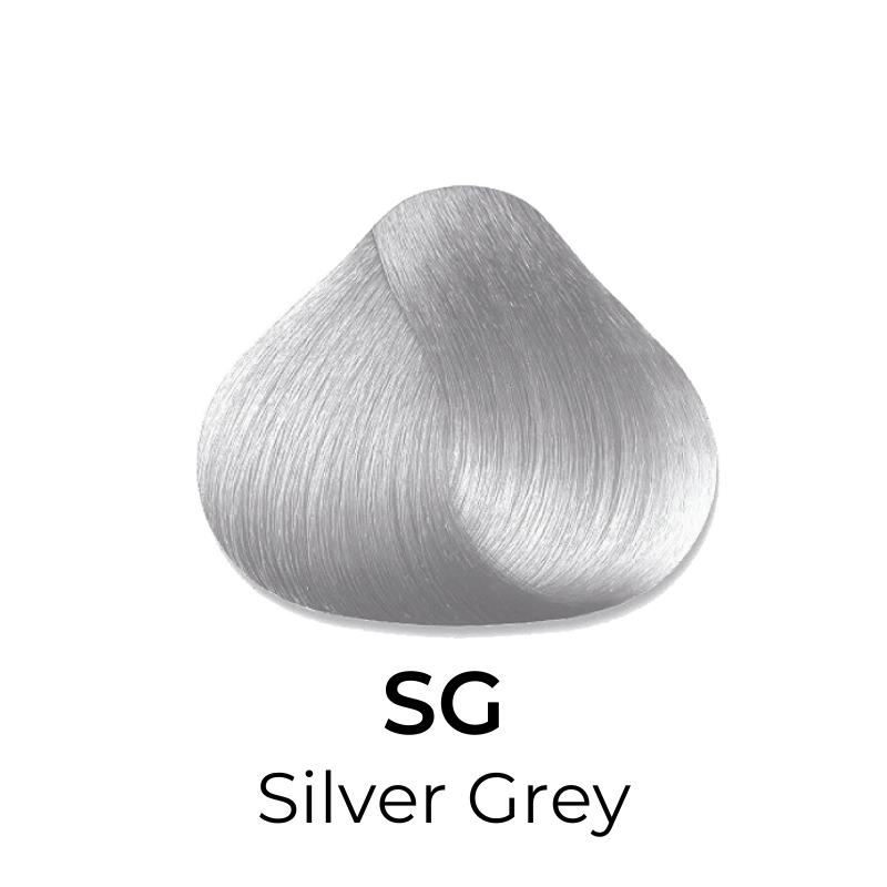 Silver Grey hair color swatch labeled SG, showcasing sleek, metallic tone for beauty styling