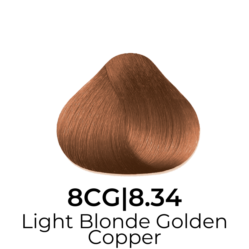 Light Blonde Golden Copper hair color swatch 8CG|8.34 for salon or home use