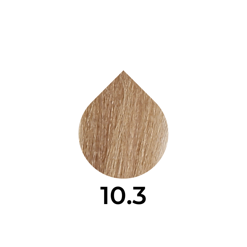 Light brown hair color swatch labeled 10.3 for beauty products