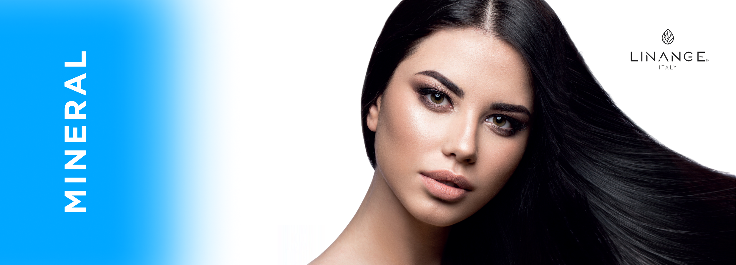 Mineral makeup model with flawless skin and sleek dark hair, Linange Italy beauty product