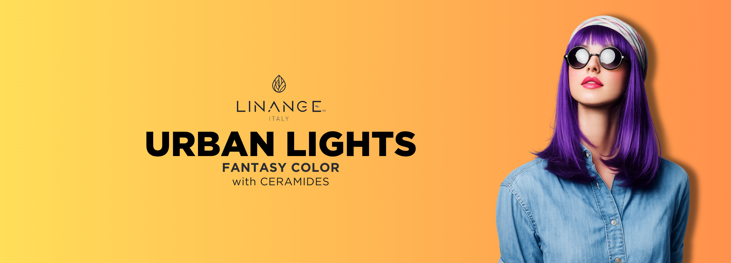 Vibrant purple hair with Urban Lights fantasy color by Linange Italy, featuring ceramides for bold beauty looks.