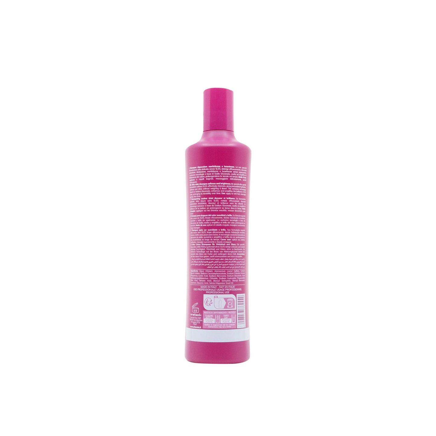 Pink bottle of sulfate-free after-color shampoo for softness and brightness, made in Italy