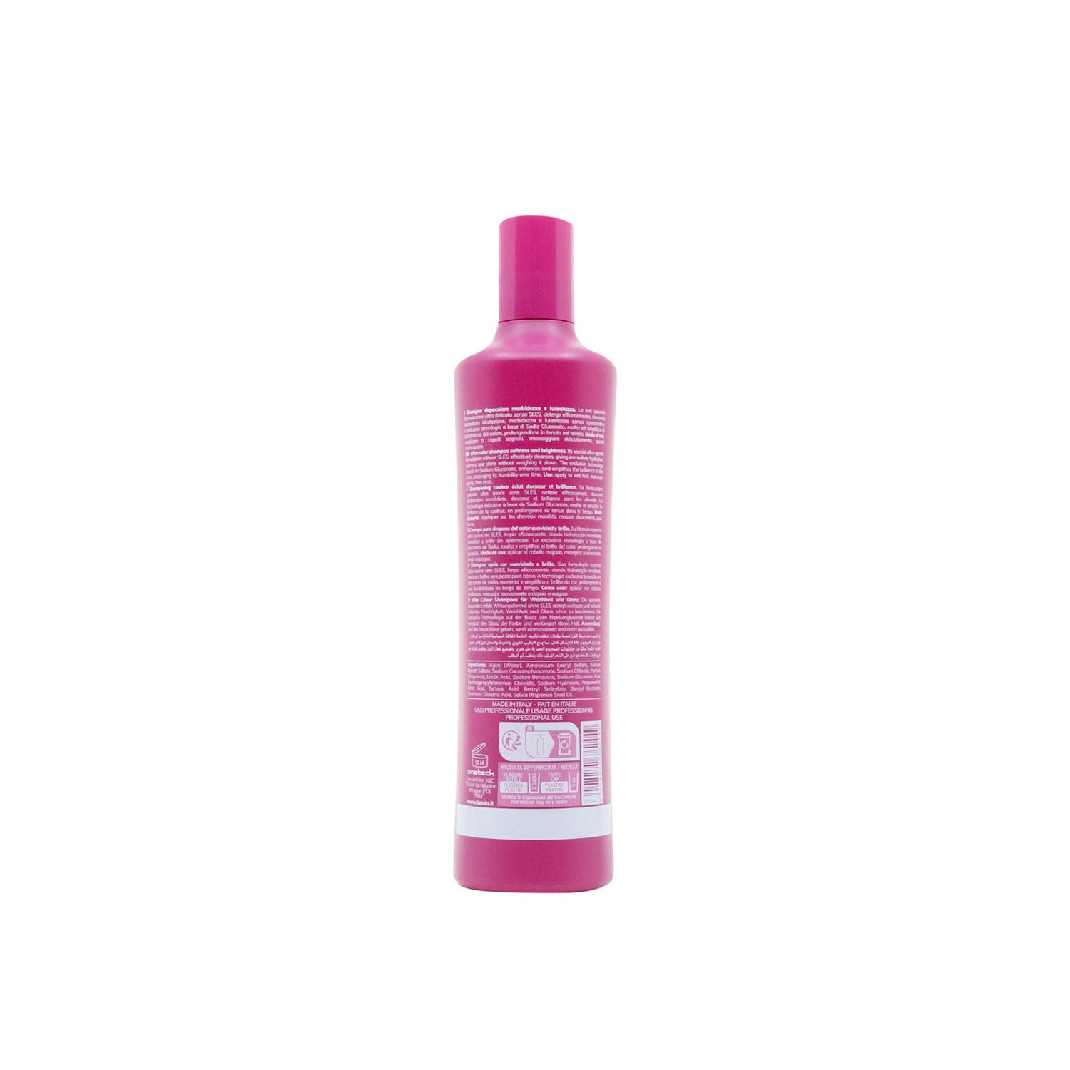 Pink bottle of sulfate-free after-color shampoo for softness and brightness, made in Italy