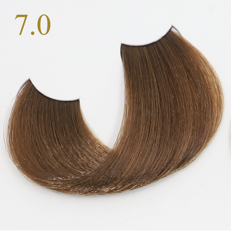 Light brown hair swatch labeled 7.0, showcasing smooth texture and natural shine for beauty products.