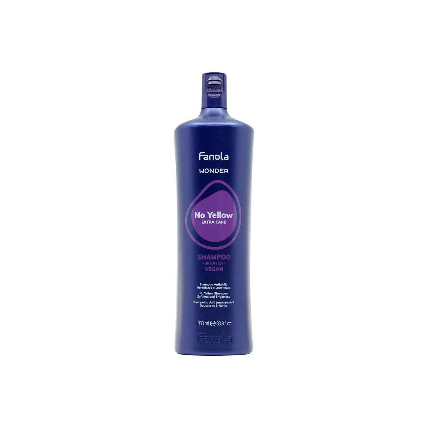 Fanola No Yellow Shampoo for blonde hair, vegan formula, 1000ml bottle with purple label