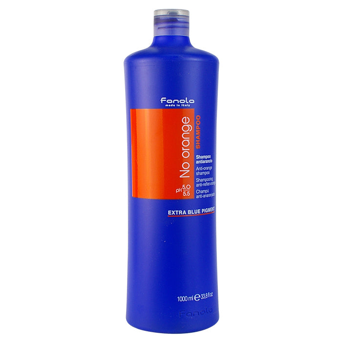 Fanola No Orange Shampoo for blonde hair, 1000ml blue bottle with orange label, anti-brassiness treatment
