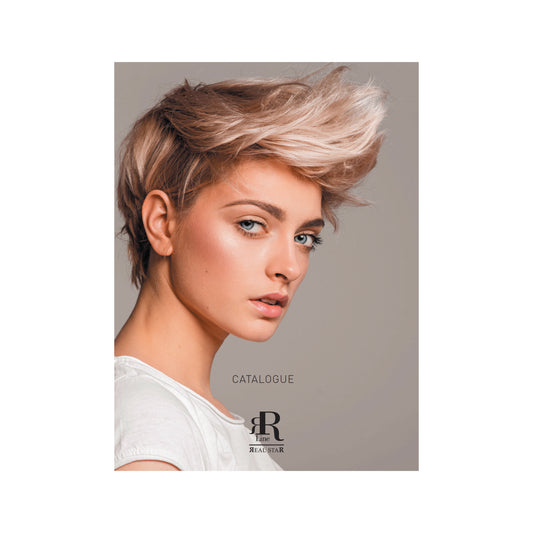 Woman with short layered blonde hairstyle, beauty catalog cover, natural makeup, stylish hair design