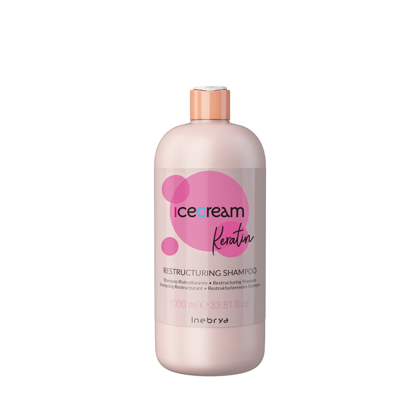 Icecream Keratin Restructuring Shampoo 1000ml for hair repair and smoothing, pink bottle with pump