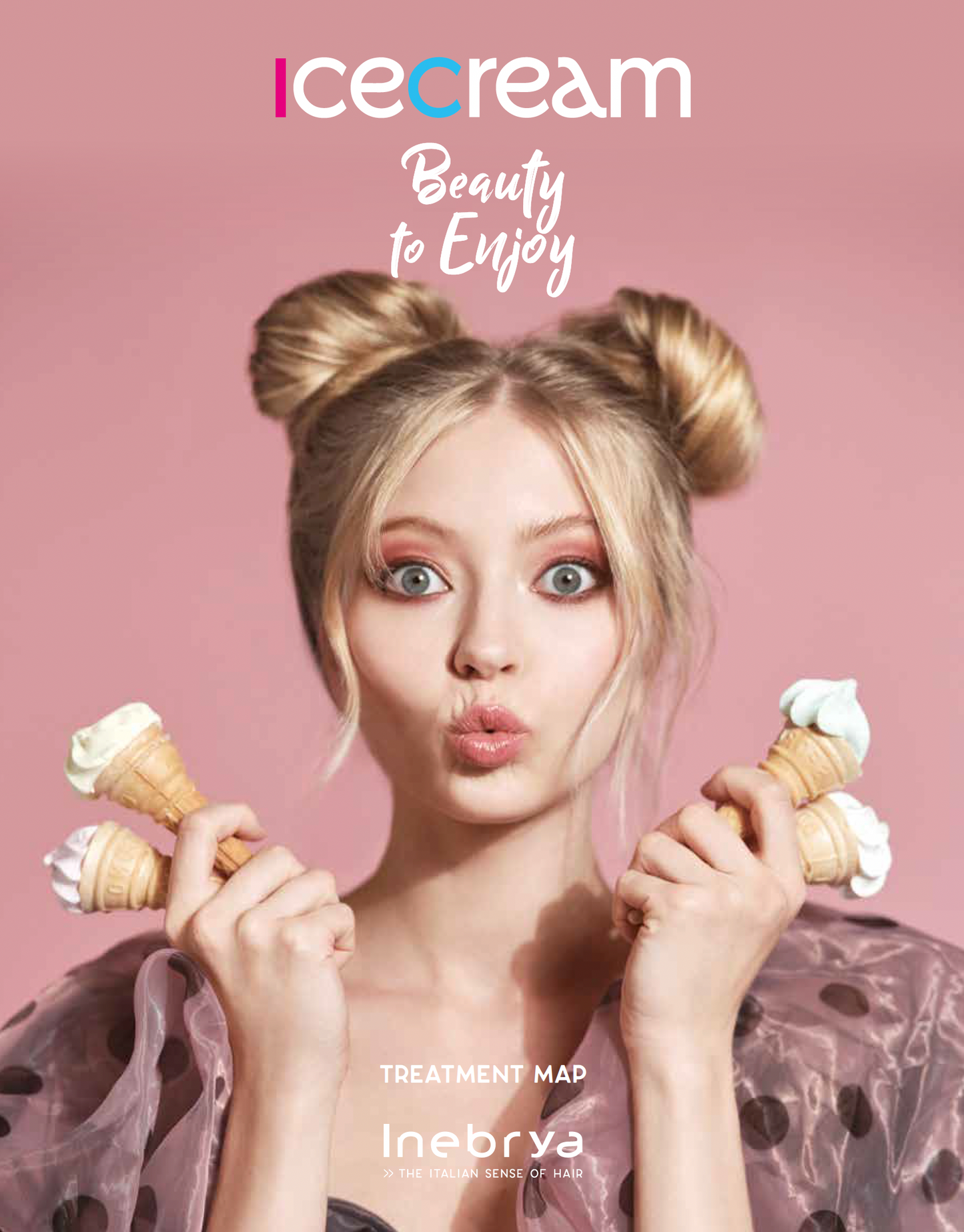 Blonde woman with double buns holding ice cream cones, pink background, Icecream Beauty to Enjoy text