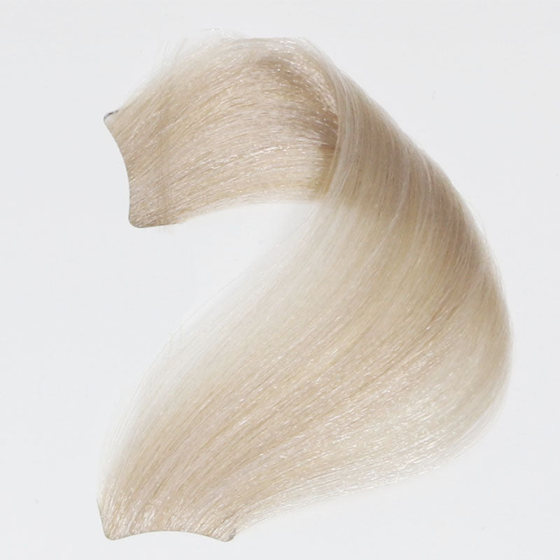 Smooth platinum blonde hair swatch, ultra-light ash tone for salon color services