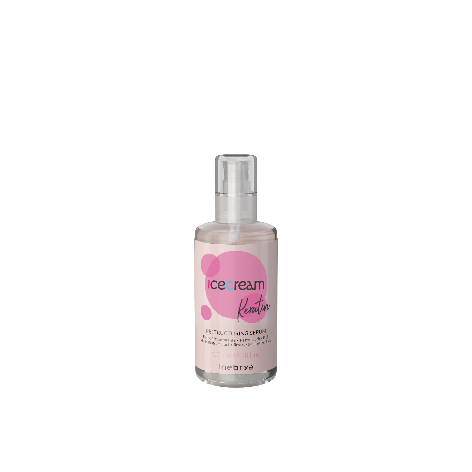 Icecream Keratin Restructuring Serum 100ml for hair repair and smoothing, pink label bottle with spray pump